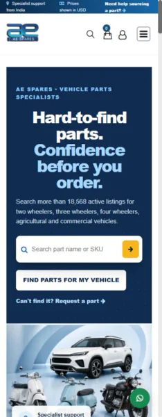 Mobile view of the AE Spares client website