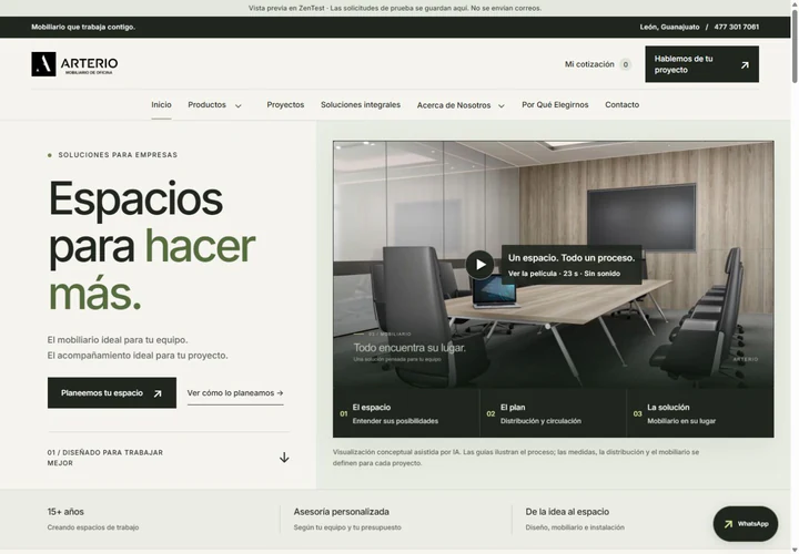 Vista previa del nuevo sitio Laravel de Arterio en computadora, con mobiliario para oficinas en León